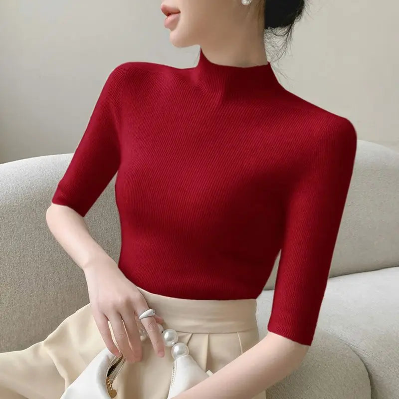 Sweater Spring Autumn High Neck Middle Sleeve New Knitted Base Knitted Half Sleeve Five-Pin Slim Tops