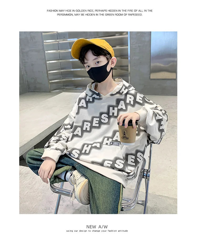 Boys Hoodies Spring Autumn Young Children's Clothes Long Sleeve Kids Pullover Hooded Sweatshirts Tops for Boys 5 To 14 Years Old