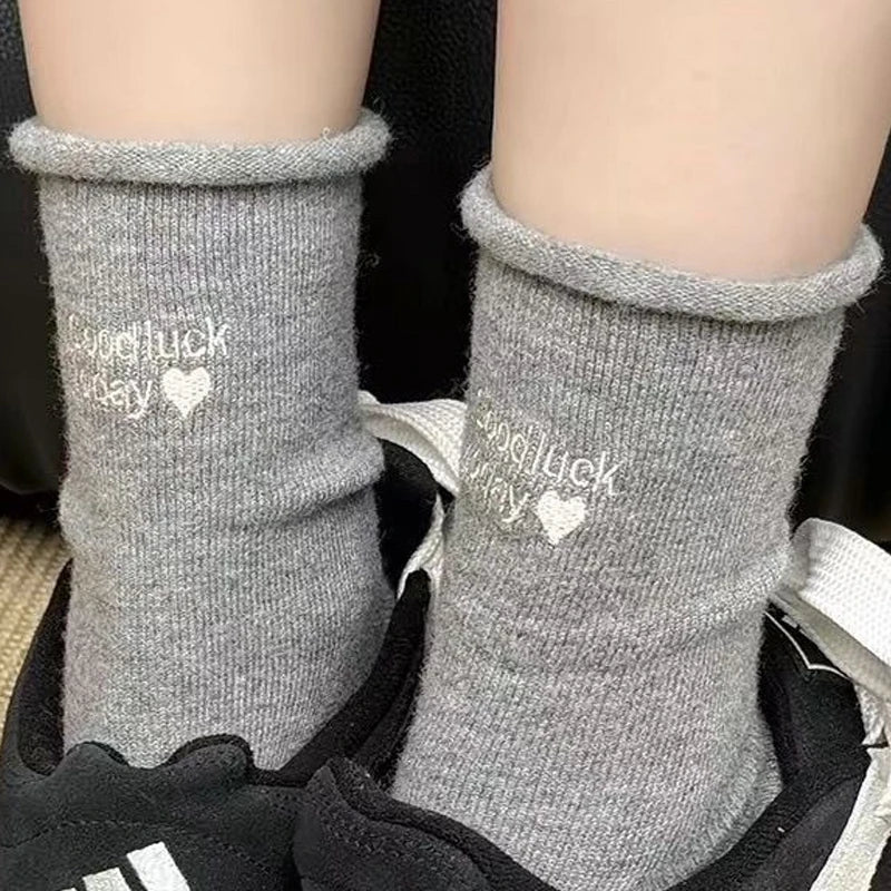 Winter Warm Thicken Cotton Socks Women Embroidery Letters Cozy Solid Color Thermal Japanese Korean Stacked Mid Calf Crew Socks