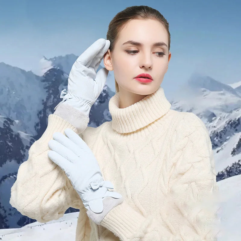 Winter Warm Gloves For Women Plus Velvet Thickened Waterproof Windproof Cute Bow Student Outdoor Cycling Touch Screen Ski Gloves