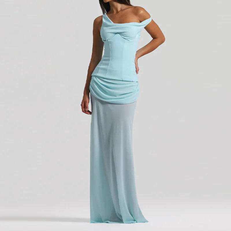 Chic Elegant See Through Maxi Dress For Women Fishbone Tube Top Spliced Long Robes  Lace Up Mesh Vestidos 2026 New Lady Dresses