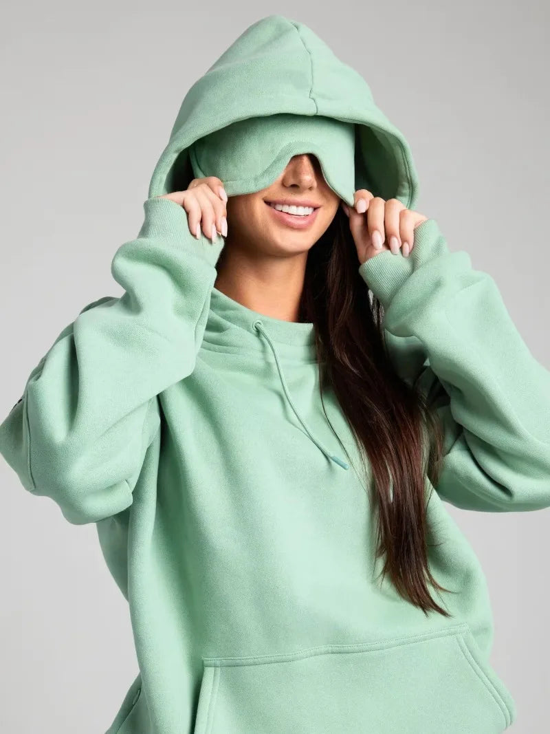 Fitness Workout Outfits Autumn Winter Women Tracksuit Sport Pocket Sweatshirt Hoodies with Eye Patch Sweatpants Two Piece Set