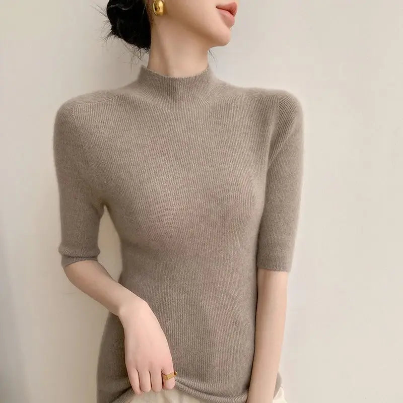 Sweater Spring Autumn High Neck Middle Sleeve New Knitted Base Knitted Half Sleeve Five-Pin Slim Tops