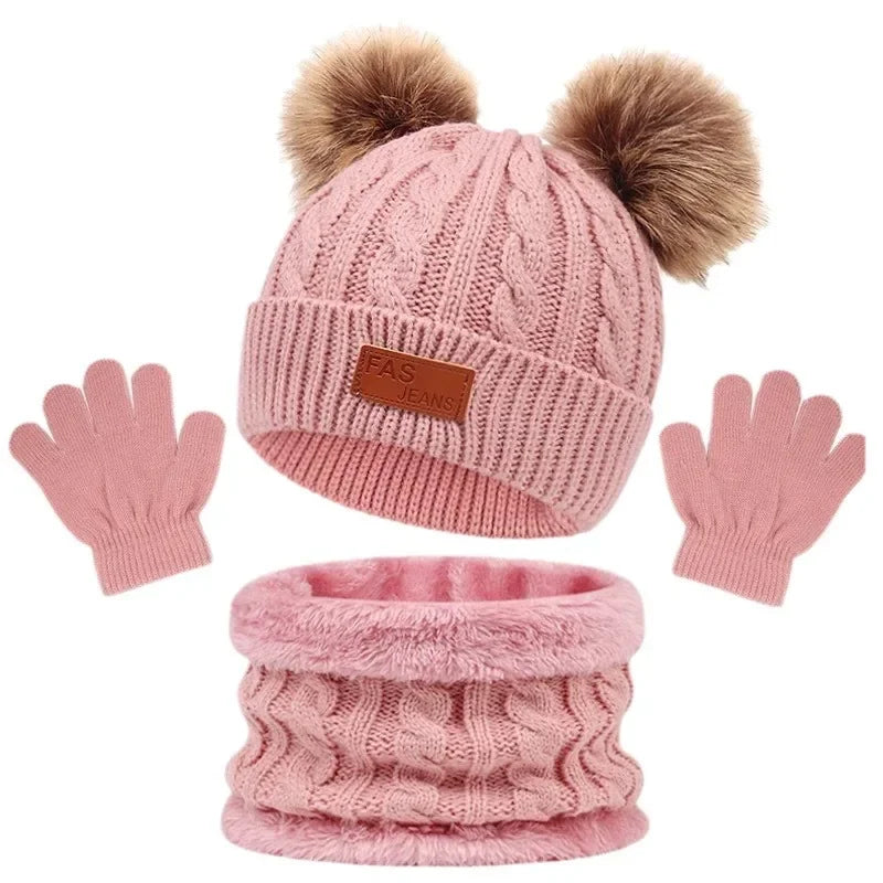 Three Piece Set of European and American Hats Scarves Gloves Autumn and Winter Single Ball Double Ball Colorful Ball Hat