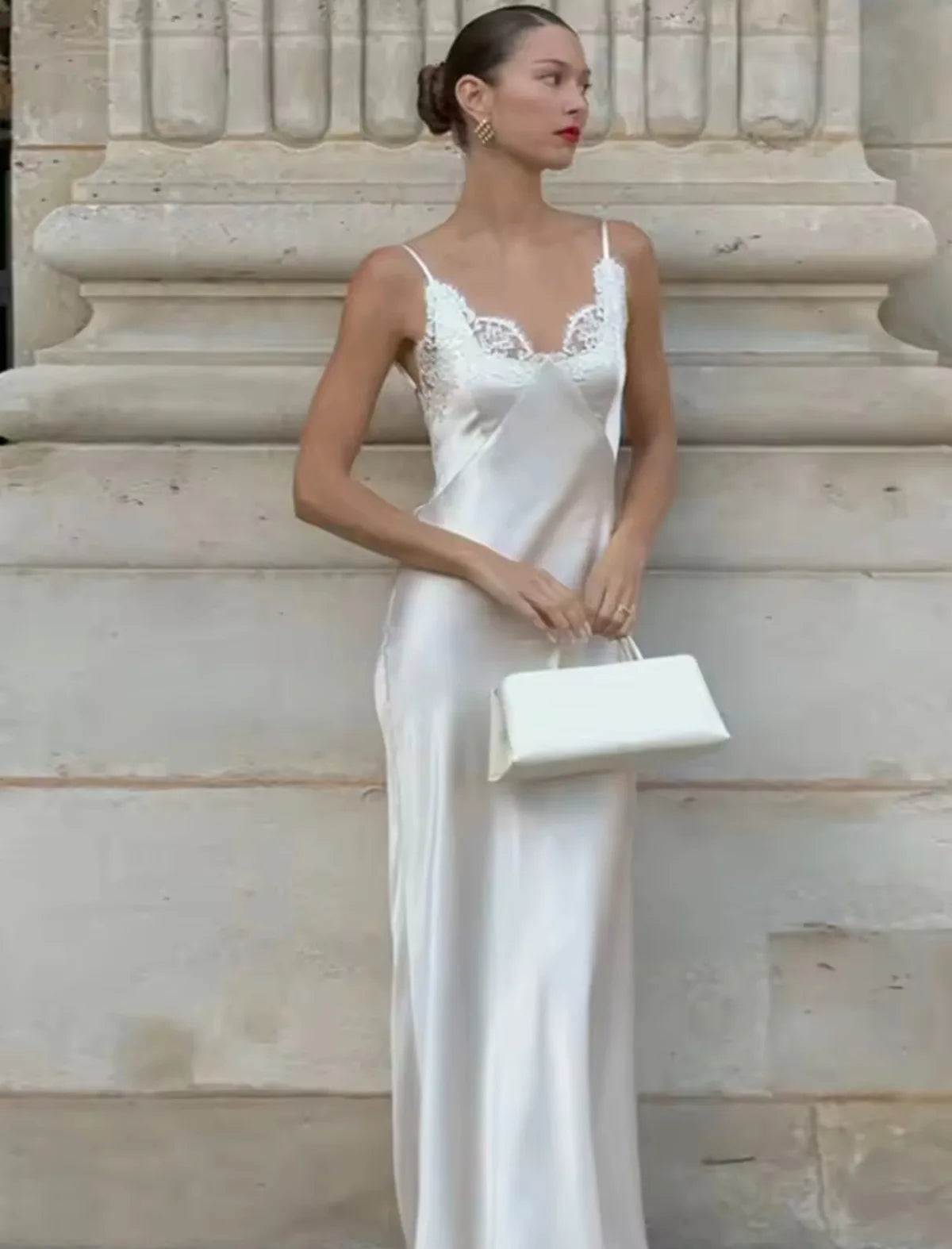 New 2026 Women V Neck Satin Sling Long Dress Lace Patchwork Backless Sexy White Gowns Summer Evening Party Maxi Vestidos