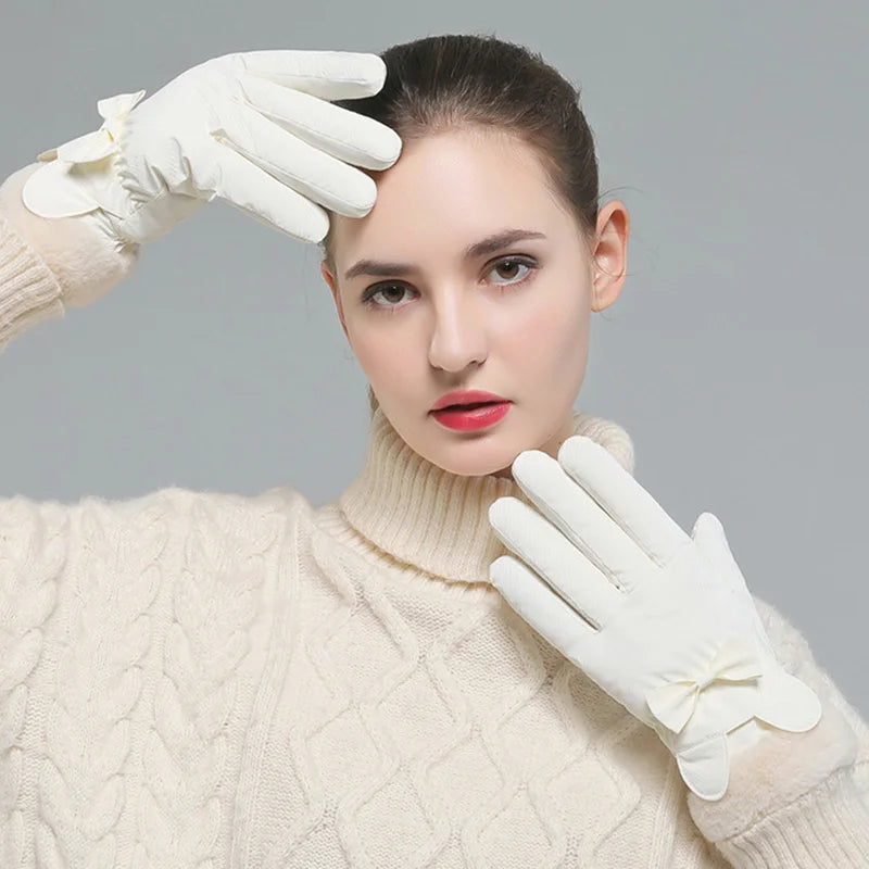 Winter Warm Gloves For Women Plus Velvet Thickened Waterproof Windproof Cute Bow Student Outdoor Cycling Touch Screen Ski Gloves