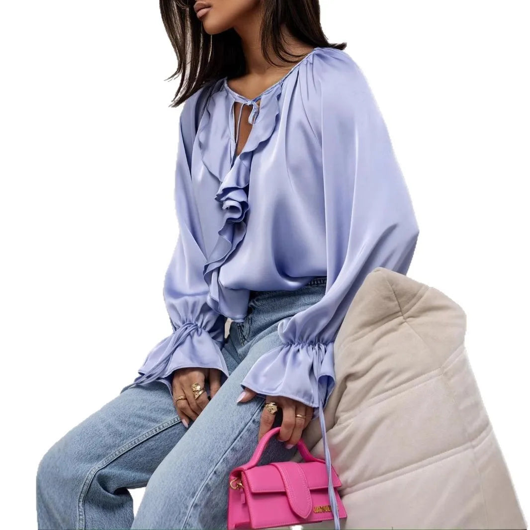 Fashion Fall Ruffles Blouse Women 2025 Autumn Winter Long Sleeve Loose Lace-up Shirts And Blouses Tops Elegant