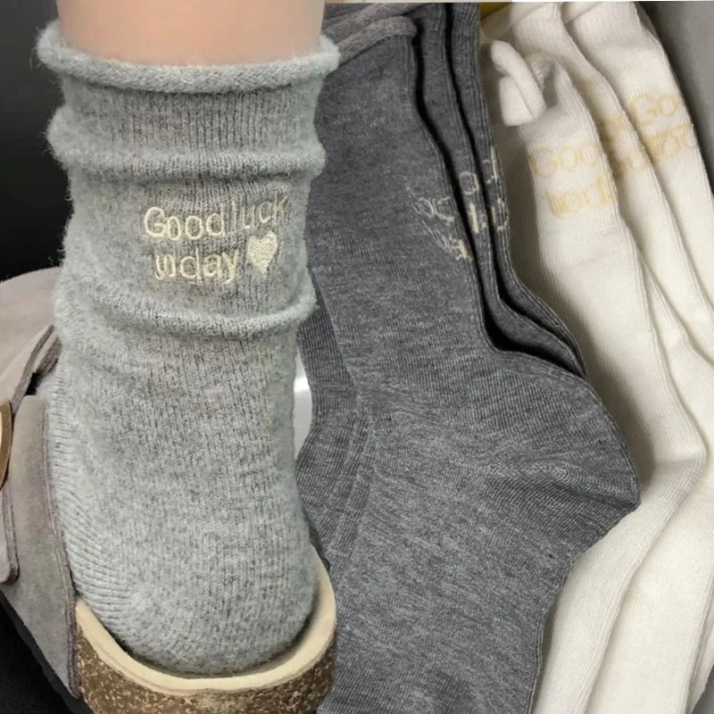 Winter Warm Thicken Cotton Socks Women Embroidery Letters Cozy Solid Color Thermal Japanese Korean Stacked Mid Calf Crew Socks