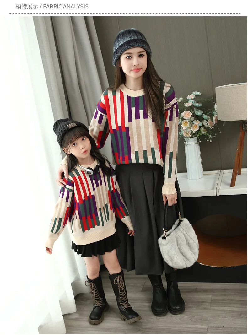 Fashion Sweater for The Whole Family Knitted Tops Mom and Daughter Baby Girl Matching Striped Knitwear Dad and Son Boy Jumper