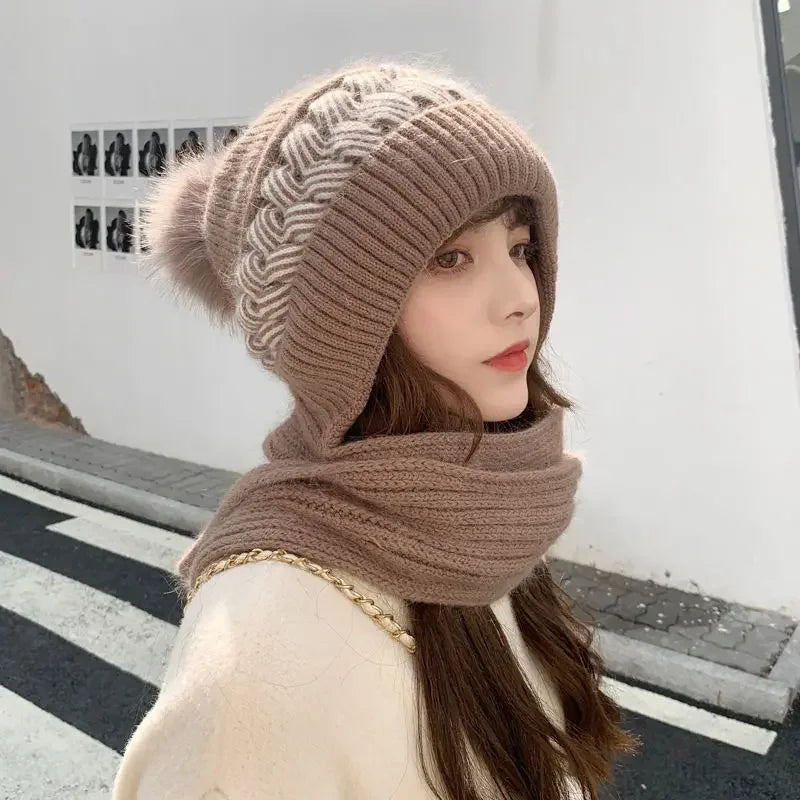Women's Hats Scarves Earmuffs Fashionable Autumn and Winter Warmth Snow and Wind Scarf One-piece Hat Knitted Sweater Cover Hat