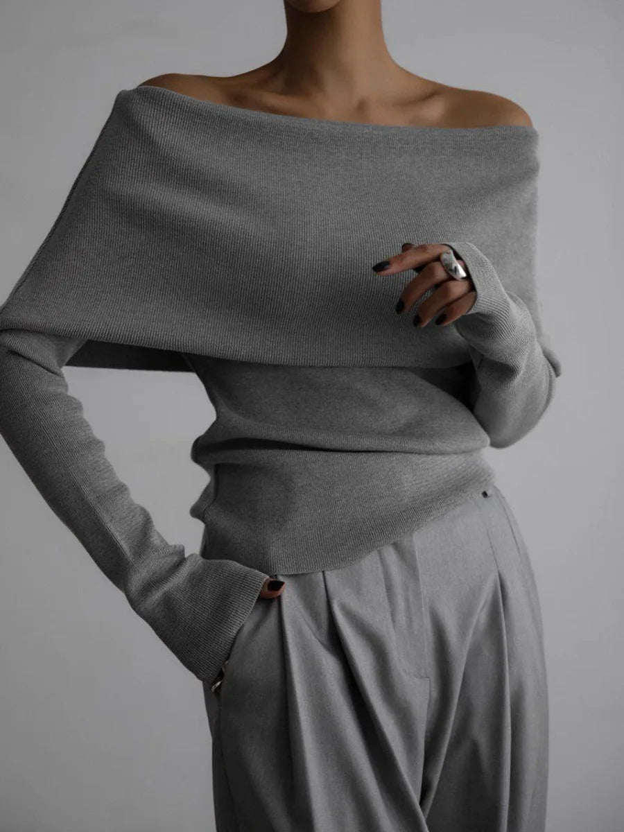 Sweater Women's Autumn and Winter Style Long Sleeved Knitted Base Shirt, One Shoulder Sexy Slim Fit Off Shoulder Top