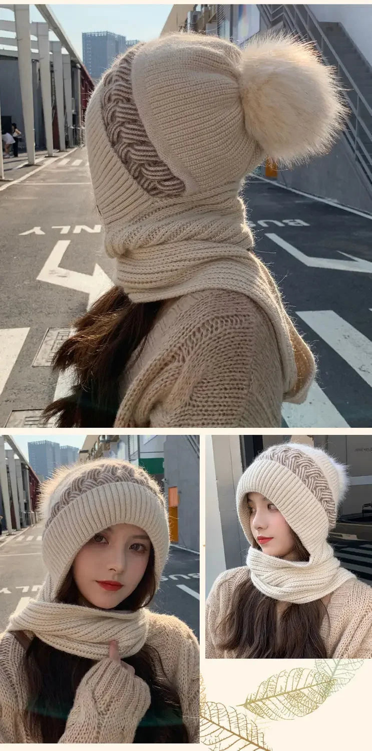 Women's Hats Scarves Earmuffs Fashionable Autumn and Winter Warmth Snow and Wind Scarf One-piece Hat Knitted Sweater Cover Hat