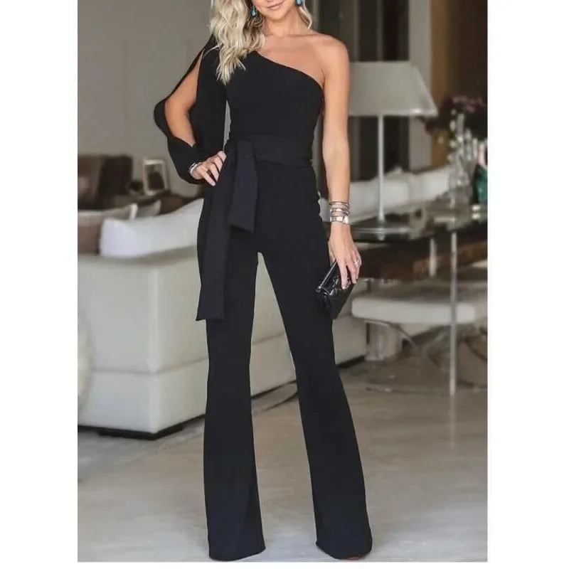 New women's single shoulder high waistband solid color slim fit sexy jumpsuit, fashionable and versatile