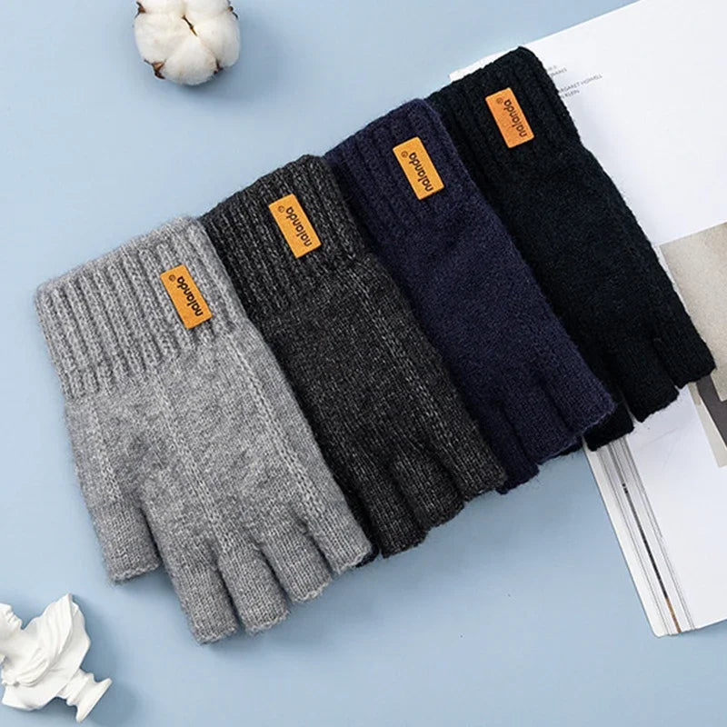 Winter Half-Finger Knitted Gloves for Men: Warm, Stretchy, Thick – Fits Office, Bicycle, Driving & Student Writing