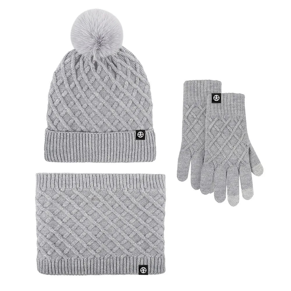 2025 Hot Hat Scarf Gloves Three-piece Winter Velvet Outdoor Warm Hairball Knitted Hat Christmas Gift Winter Warm