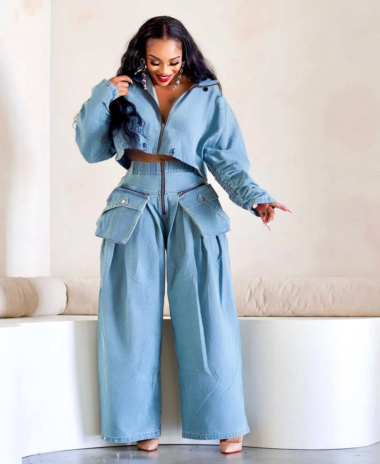 Fall Denim Suit For Women Long Sleeve Lapel Top And Wide Leg Pant Outfits Comfortable Solid Color Ladies Two-Piece Set