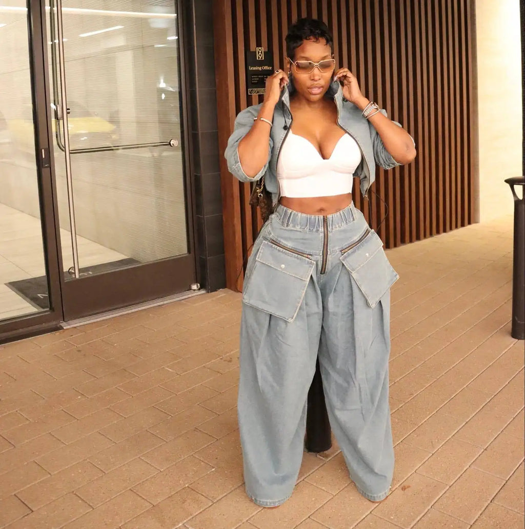 Fall Denim Suit For Women Long Sleeve Lapel Top And Wide Leg Pant Outfits Comfortable Solid Color Ladies Two-Piece Set