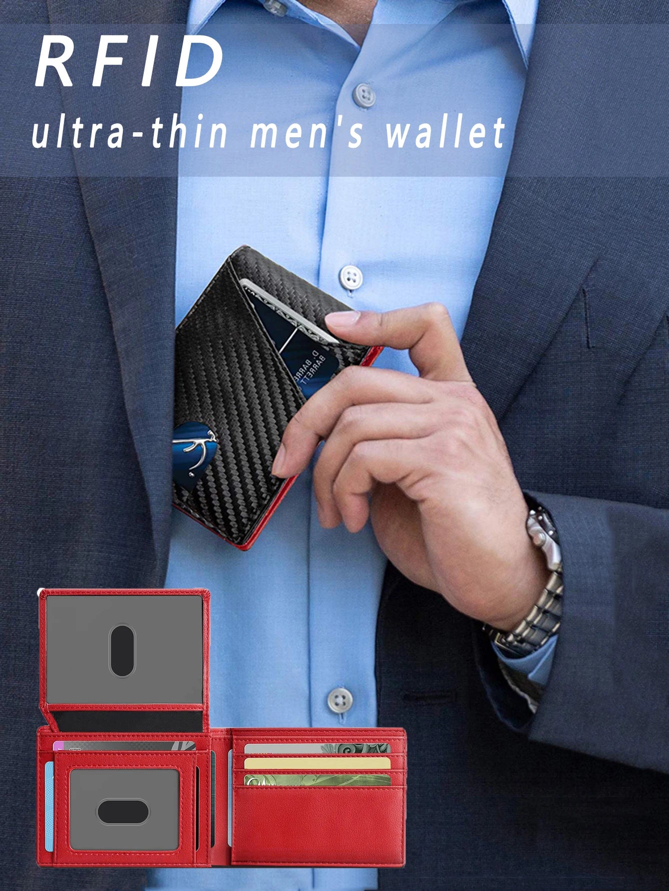 RFID Carbon Fiber Ultra-thin Trifold Wallet Simple Front Pocket Design Wallet Multi-function Portable 8 Card Slots Men's Wallet