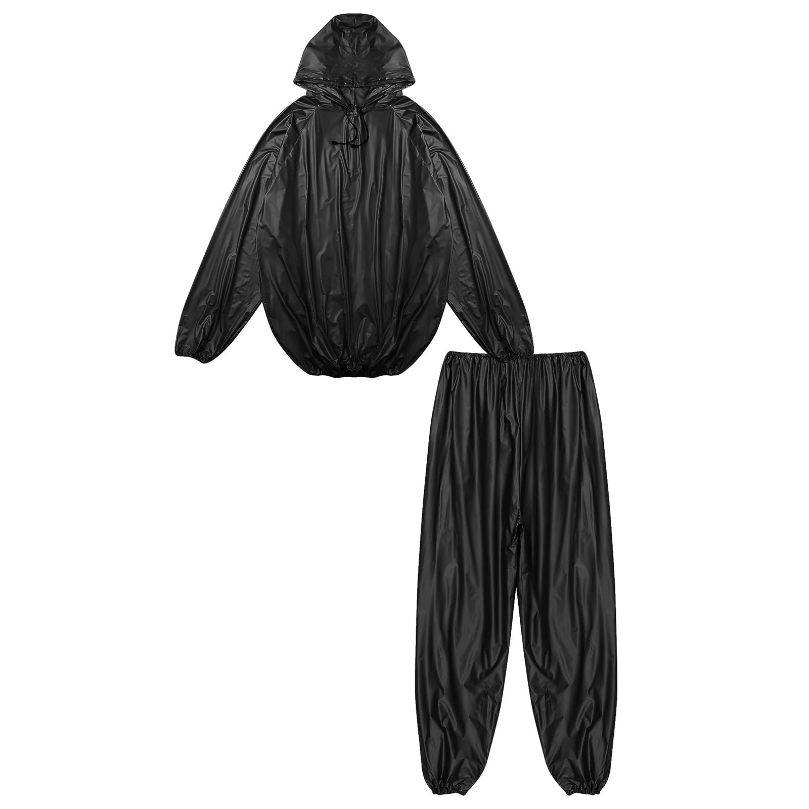 Mens Sports Outfits Sauna Sweat Sets Long Sleeve Hooded Jacket Outerwear and Long Pants PVC Sweating Suit for Gym Workout Yoga