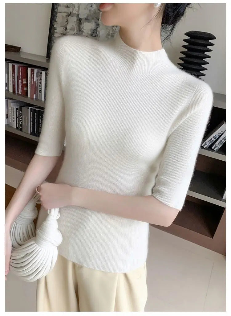 Sweater Spring Autumn High Neck Middle Sleeve New Knitted Base Knitted Half Sleeve Five-Pin Slim Tops