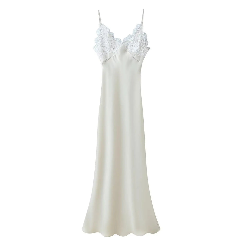 New 2026 Women V Neck Satin Sling Long Dress Lace Patchwork Backless Sexy White Gowns Summer Evening Party Maxi Vestidos
