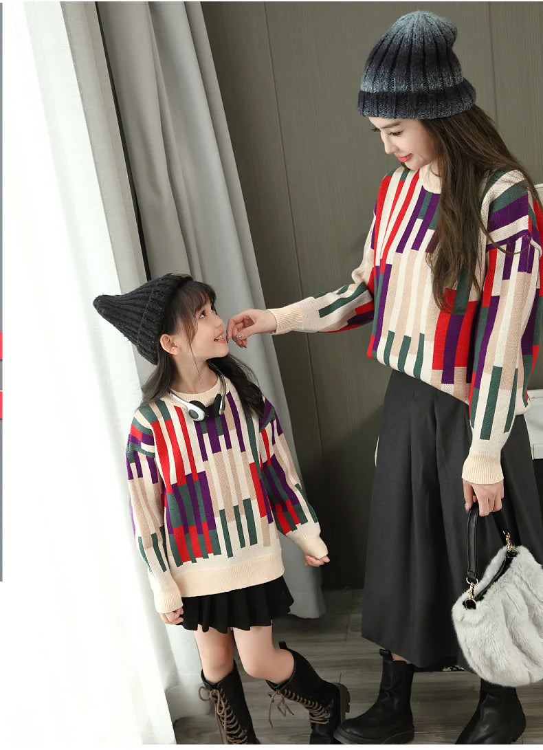 Fashion Sweater for The Whole Family Knitted Tops Mom and Daughter Baby Girl Matching Striped Knitwear Dad and Son Boy Jumper