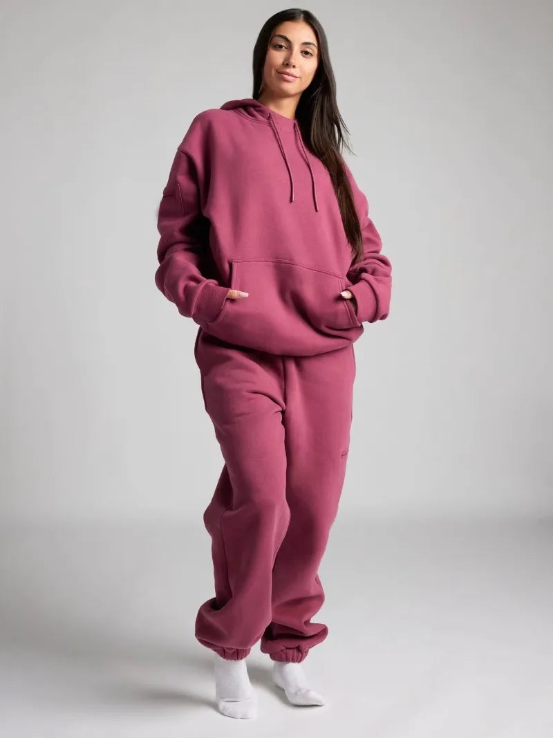 Fitness Workout Outfits Autumn Winter Women Tracksuit Sport Pocket Sweatshirt Hoodies with Eye Patch Sweatpants Two Piece Set