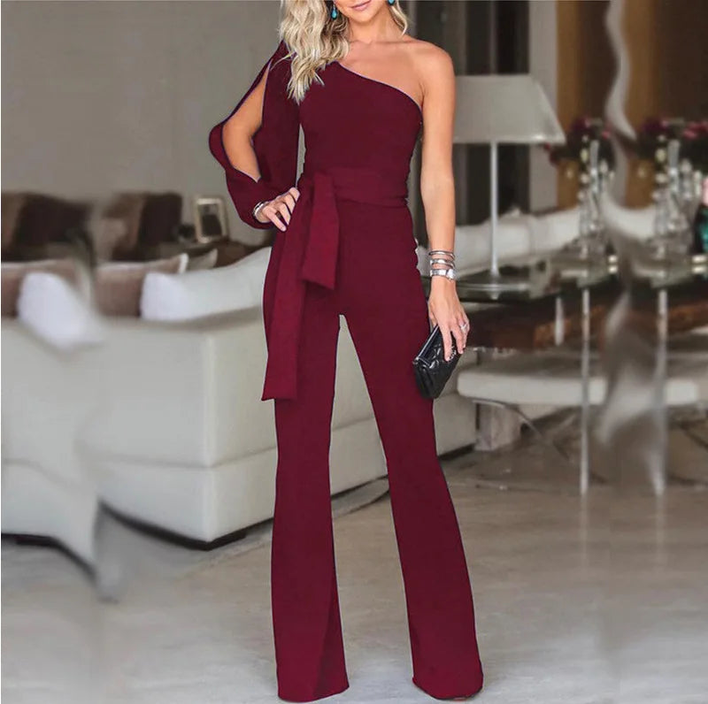 New women's single shoulder high waistband solid color slim fit sexy jumpsuit, fashionable and versatile