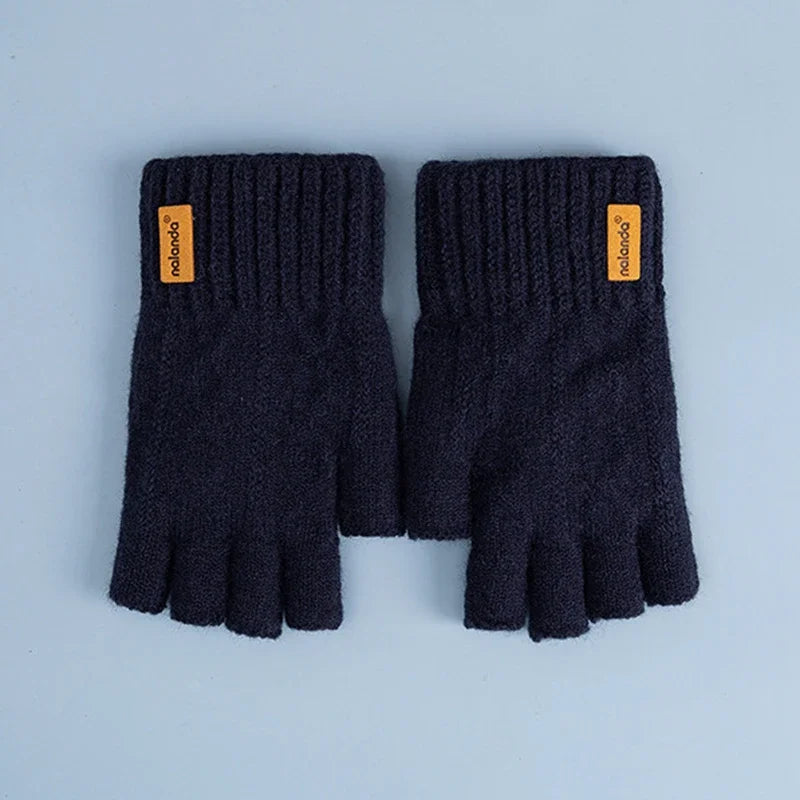 Winter Half-Finger Knitted Gloves for Men: Warm, Stretchy, Thick – Fits Office, Bicycle, Driving & Student Writing