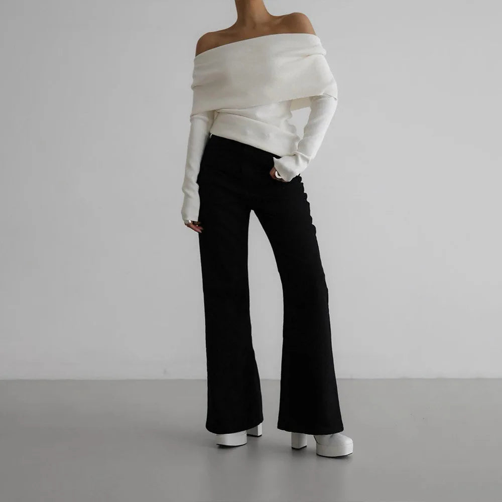 Sweater Women's Autumn and Winter Style Long Sleeved Knitted Base Shirt, One Shoulder Sexy Slim Fit Off Shoulder Top