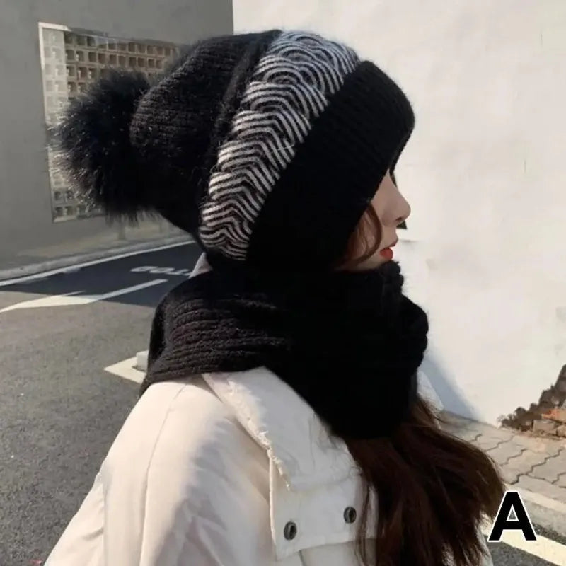Hat scarf All-in-one  Winter Thickened Warm Double Warm Padded Windproof Comfortable Warm Knitted Hat Fits Women