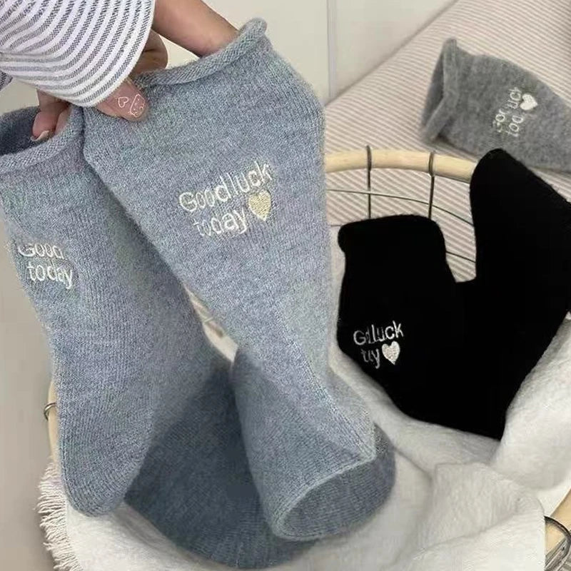 Winter Warm Thicken Cotton Socks Women Embroidery Letters Cozy Solid Color Thermal Japanese Korean Stacked Mid Calf Crew Socks