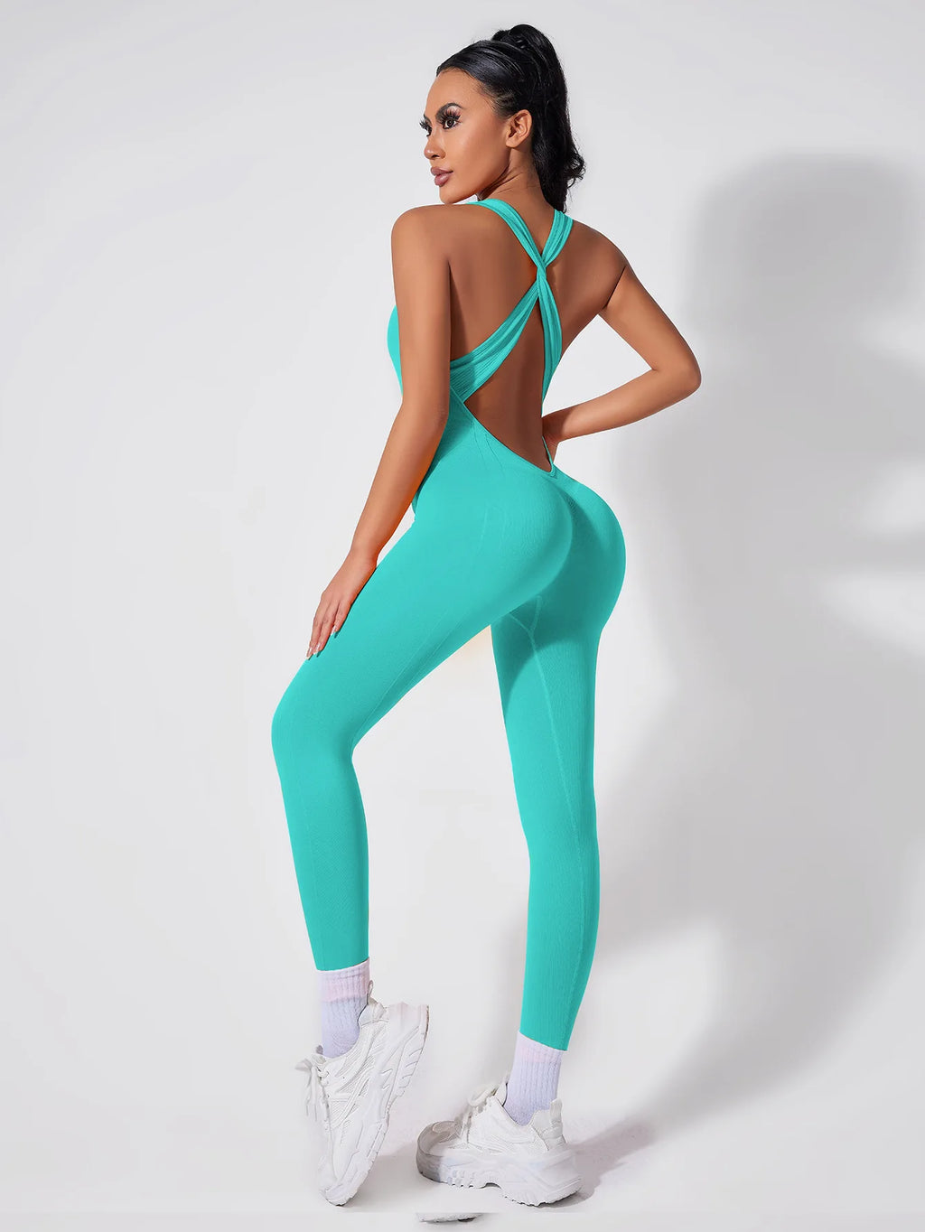 Crisscross Back Yoga Bodysuit Women V-Neck Butt Lifting Workout Jumpsuit Seamless Running Fashion Slim High Elastic Bodysuit