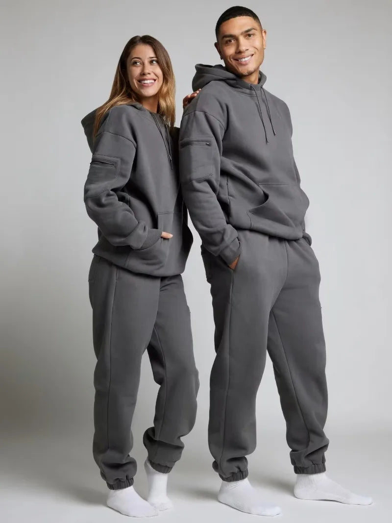 Fitness Workout Outfits Autumn Winter Women Tracksuit Sport Pocket Sweatshirt Hoodies with Eye Patch Sweatpants Two Piece Set