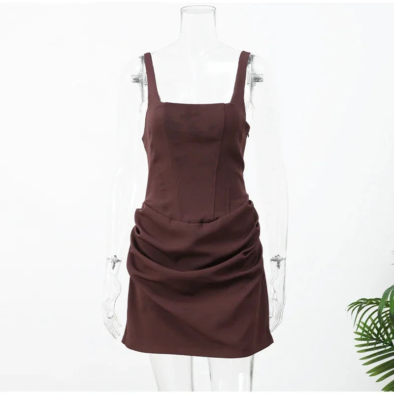 2026 Sexy Women Square-neck Halter Mini Dress Pleated Sleeveless Backless High Waist Bodycon Dresses New Summer Lady Party Robes