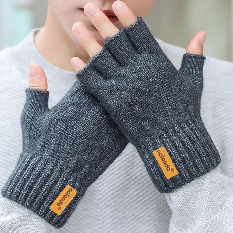 Winter Half-Finger Knitted Gloves for Men: Warm, Stretchy, Thick – Fits Office, Bicycle, Driving & Student Writing