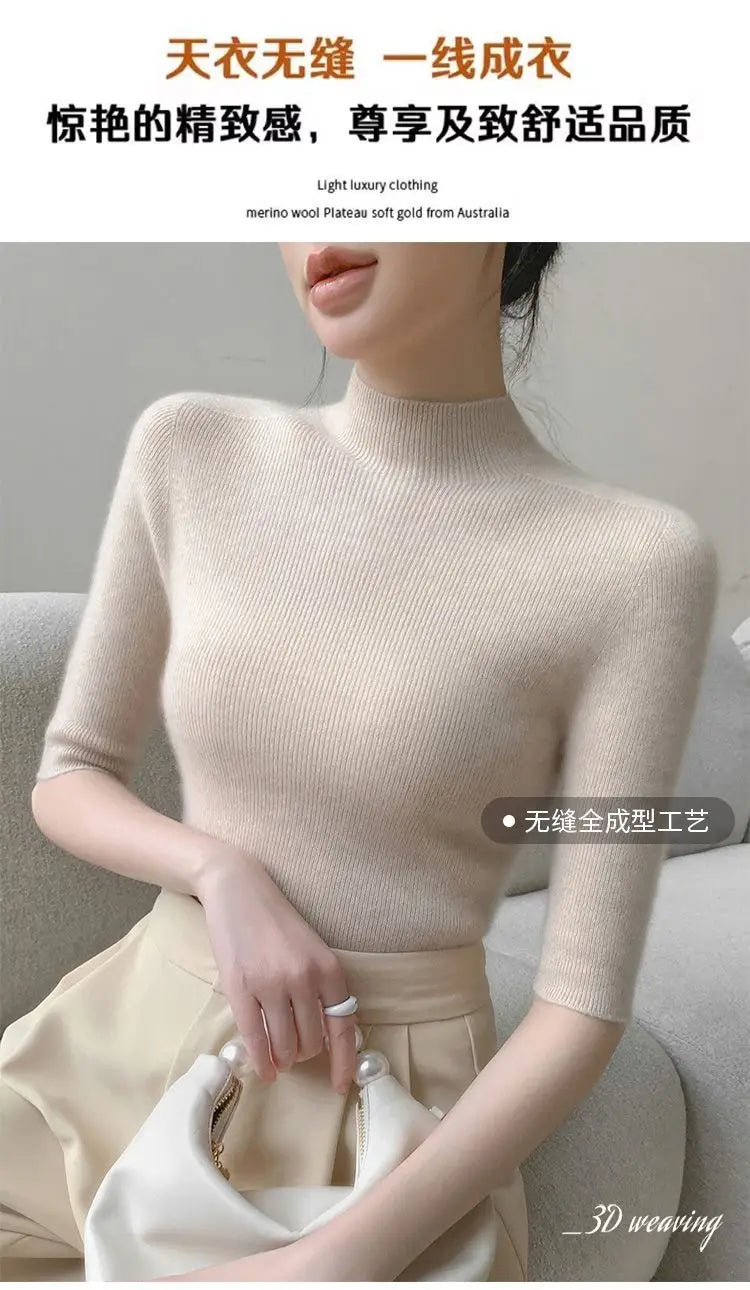 Sweater Spring Autumn High Neck Middle Sleeve New Knitted Base Knitted Half Sleeve Five-Pin Slim Tops