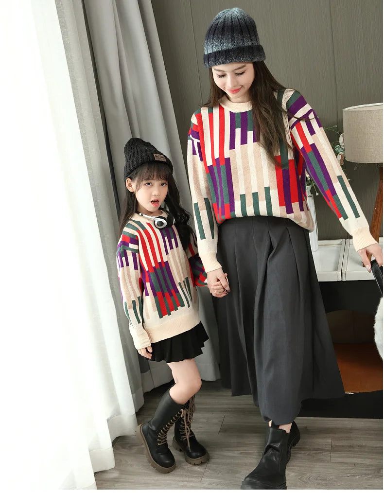 Fashion Sweater for The Whole Family Knitted Tops Mom and Daughter Baby Girl Matching Striped Knitwear Dad and Son Boy Jumper