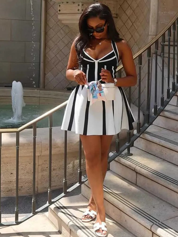 Short Sexy Dresses for Women Summer Female Clothing A Line Halter Neck Backless Dress Slimming Stretch Fabric Dress Pleated