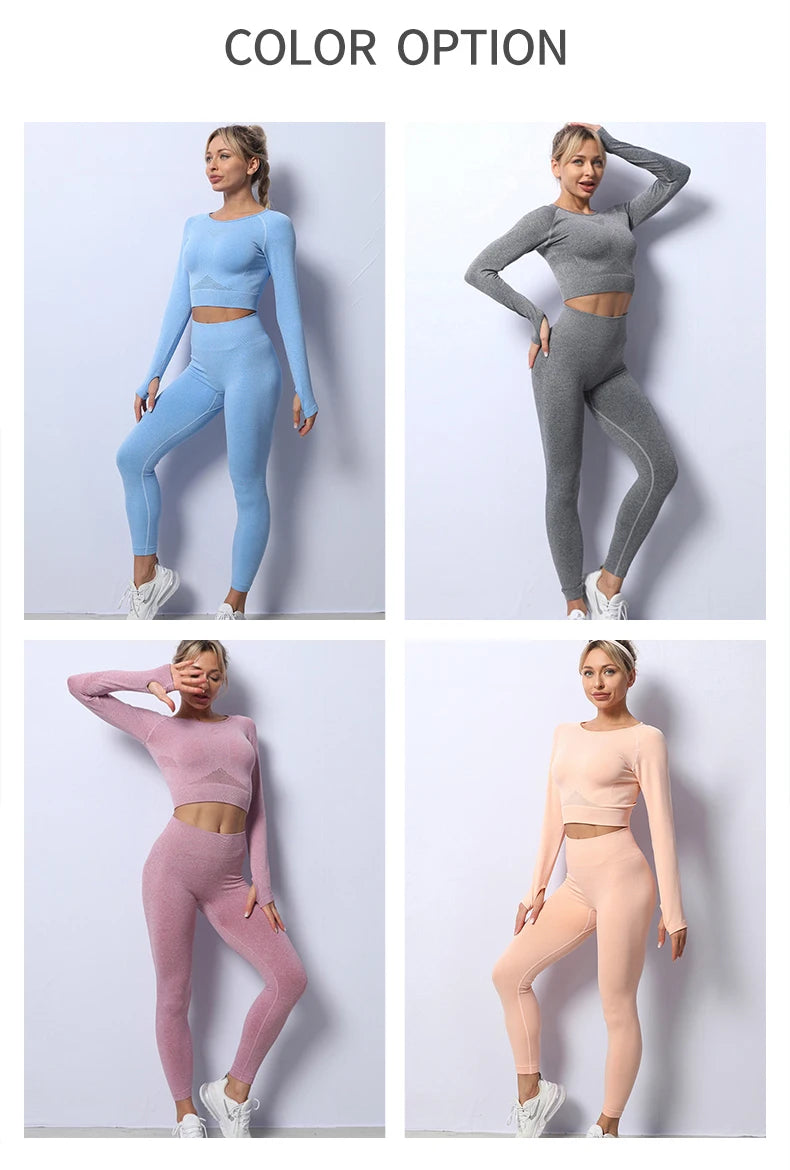 Women Yoga 2 Pieces Workout Outfits Seamless High Waist Leggings Sports Crop Top Running Clothes Sets
