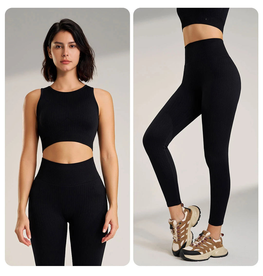 Women's Sports Fitness Suit Gym High Intensity Workout Shockproof Bra High Waisted Leggings Tights Yoga Suit Training Set