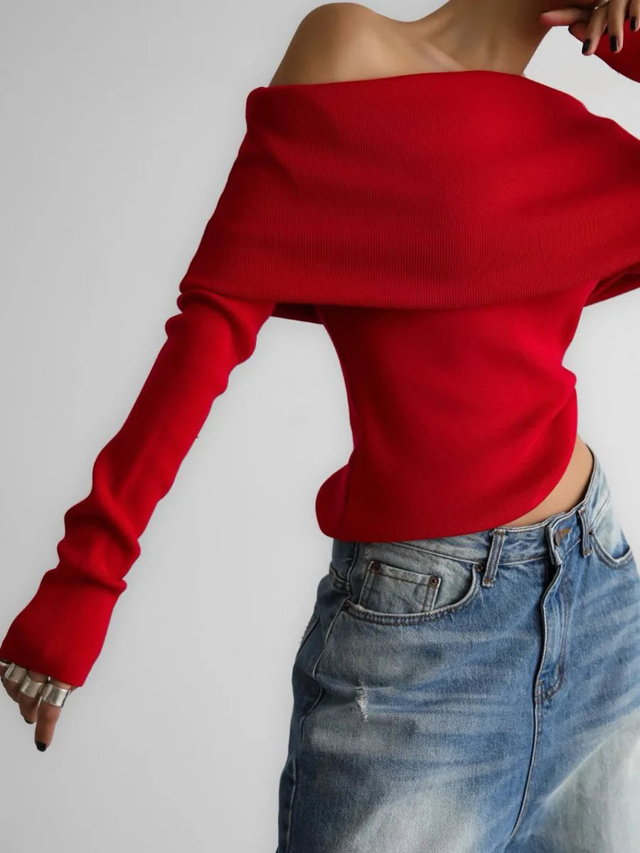 Sweater Women's Autumn and Winter Style Long Sleeved Knitted Base Shirt, One Shoulder Sexy Slim Fit Off Shoulder Top