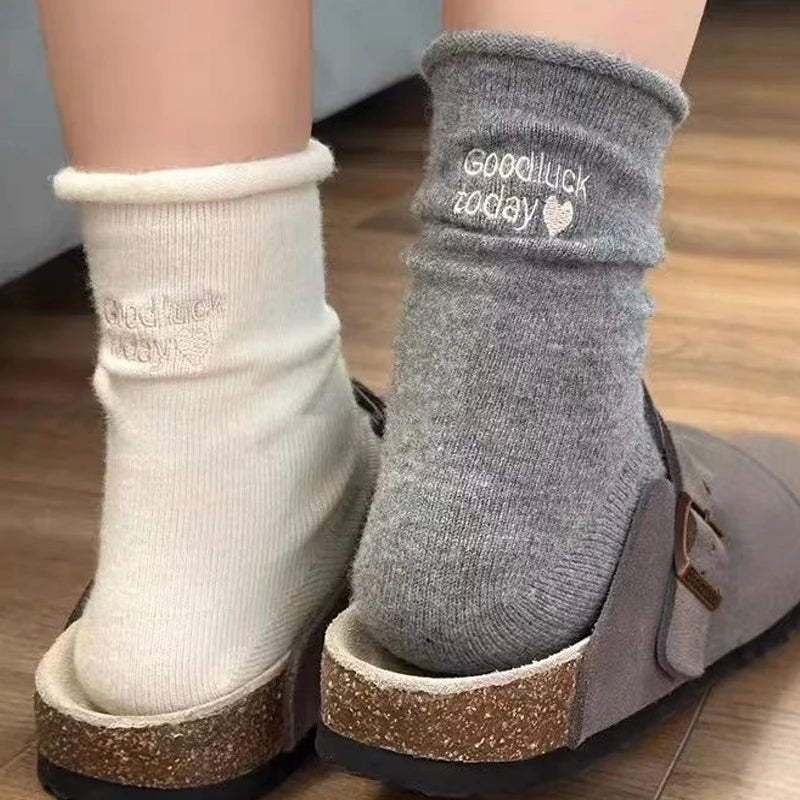 Winter Warm Thicken Cotton Socks Women Embroidery Letters Cozy Solid Color Thermal Japanese Korean Stacked Mid Calf Crew Socks