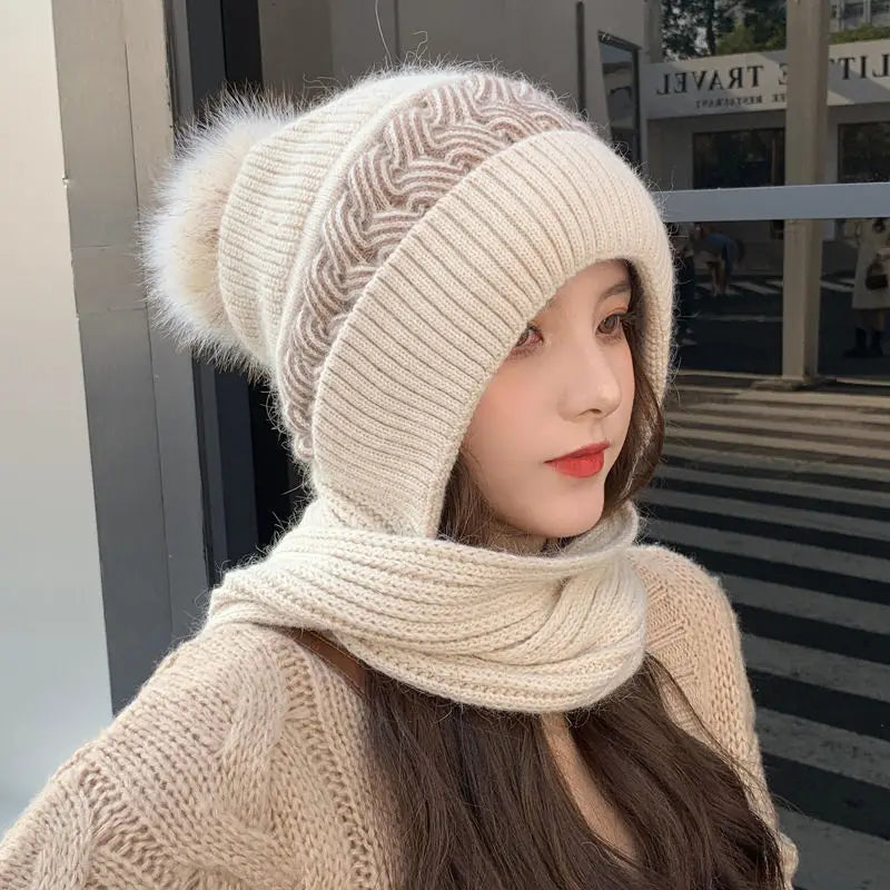 Women's Hats Scarves Earmuffs Fashionable Autumn and Winter Warmth Snow and Wind Scarf One-piece Hat Knitted Sweater Cover Hat