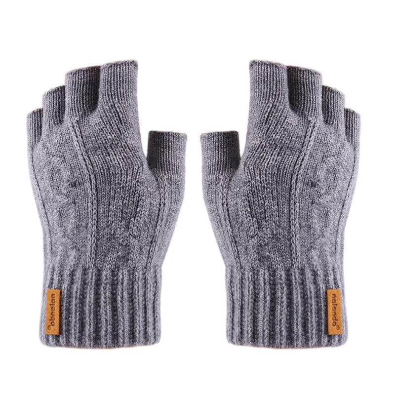 Winter Half-Finger Knitted Gloves for Men: Warm, Stretchy, Thick – Fits Office, Bicycle, Driving & Student Writing