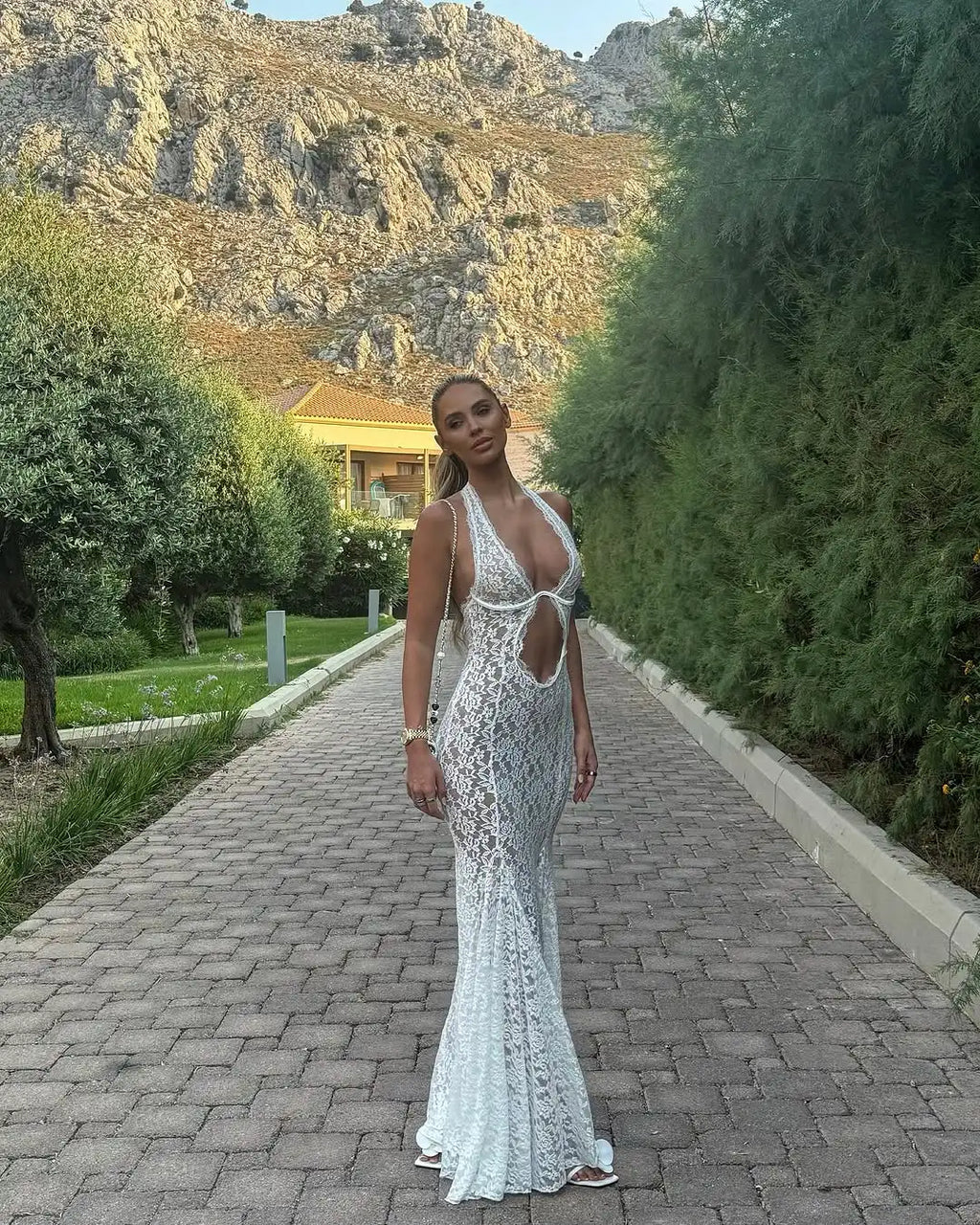 Sexy White Lace Hollow-out Halter Dress Women Chic Sleeveless Off-shoulder Backless Maxi Dresses 2026 Lady Vacation Beach Gowns