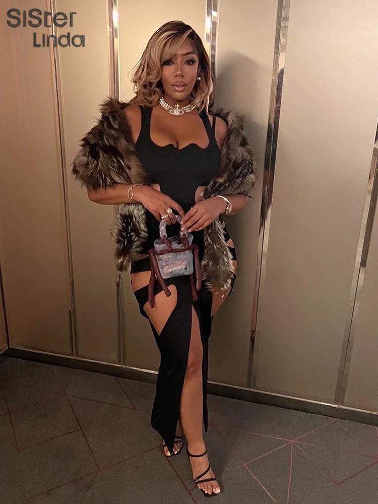 Sisterlinda Sexy Hollow Elegant Midi Dress Women 2023 Summer Sleeveless Hipster Side Split Bodycon Party Clubwear Vestidos Mujer