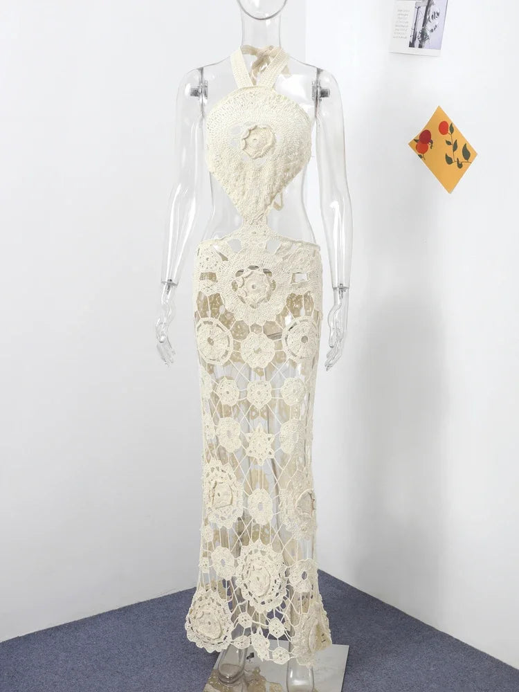 Hook Crochet Flower Long Dresses Women Knitted Halter Sexy Hollow Out Sleeveless Backless Maxi Dress Holiday Fashion Beach Robes