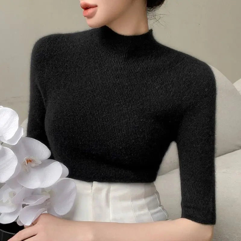 Sweater Spring Autumn High Neck Middle Sleeve New Knitted Base Knitted Half Sleeve Five-Pin Slim Tops
