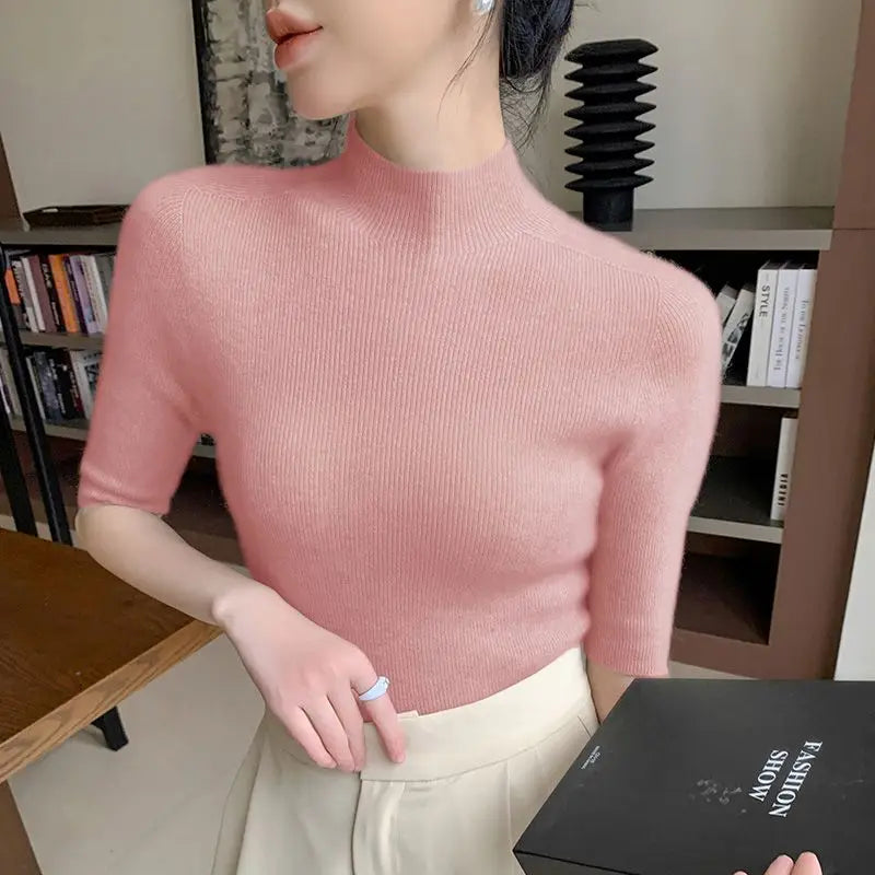 Sweater Spring Autumn High Neck Middle Sleeve New Knitted Base Knitted Half Sleeve Five-Pin Slim Tops